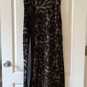 Adrianna Papell Black Lace Overlay Taupe Evening Gown